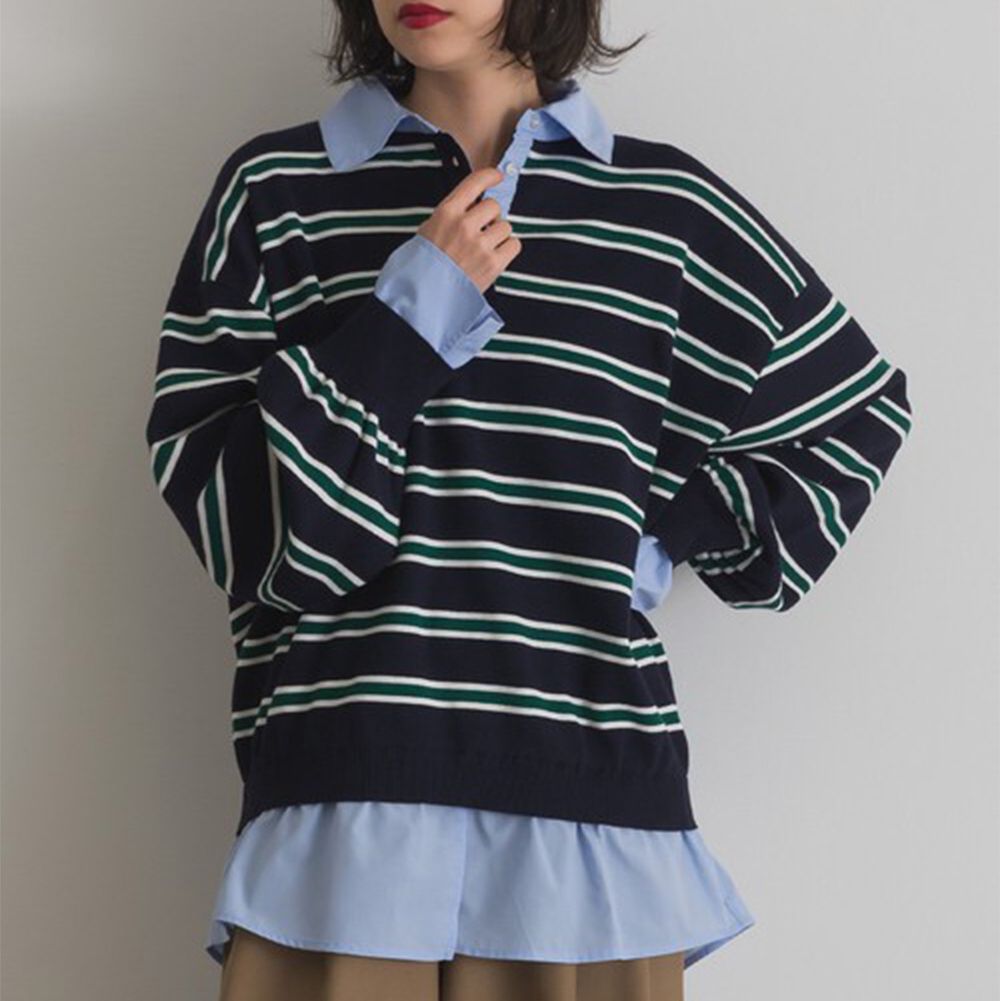 假二件襯衫領輕盈落肩長袖上衣-海軍藍x綠條紋