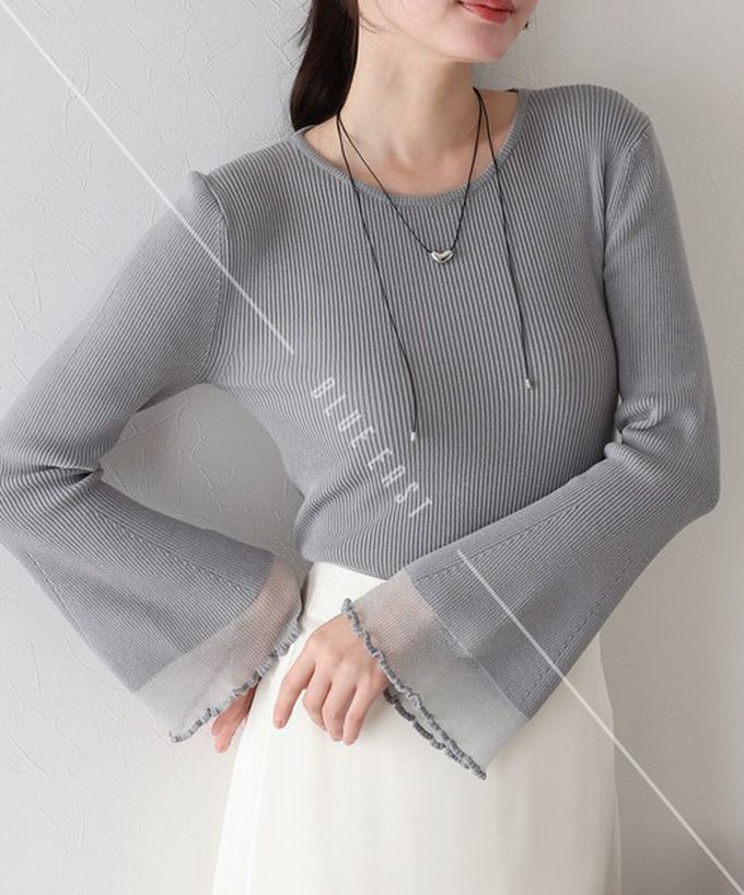 日本 BLUE EAST - 修身羅紋透膚層次喇叭長袖上衣-灰