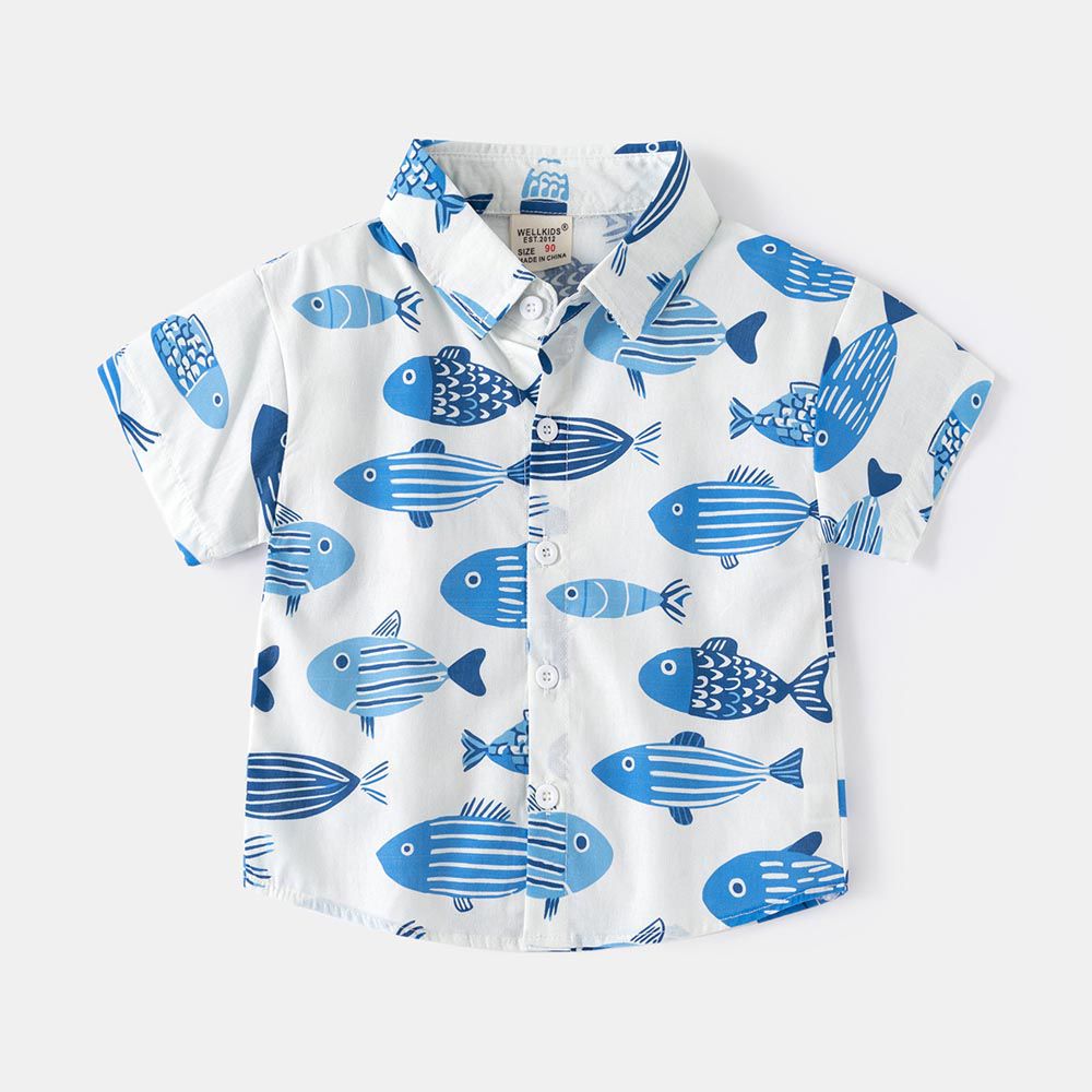 WELLKIDS - 純棉休閒翻領短袖襯衫-滿滿魚兒