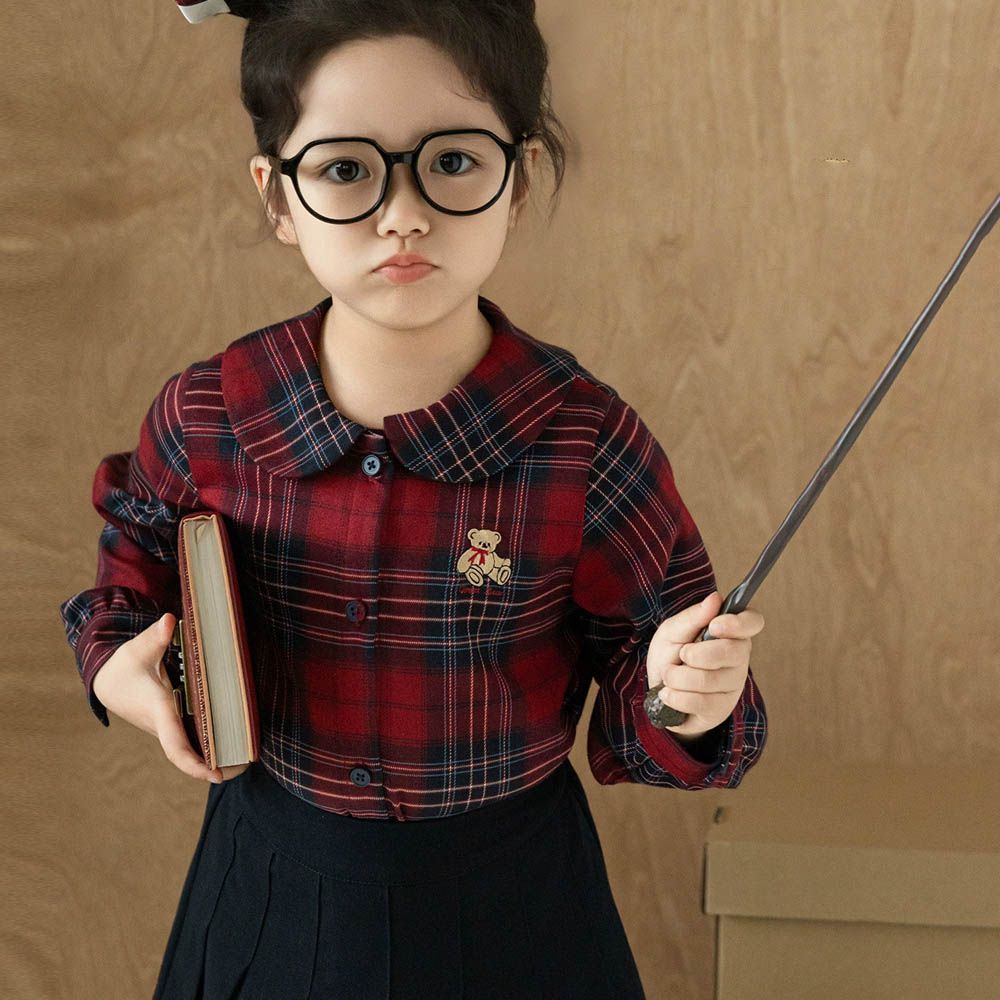 學院風甜美娃娃領長袖襯衫-小熊-紅色格紋