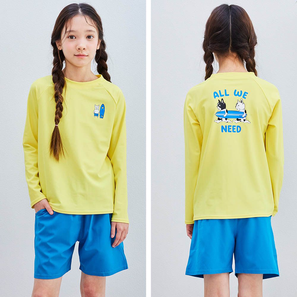 UPF 50+抗UV兩件式兒童泳衣/泳裝(長袖X短褲)-衝浪狗狗-黃X藍