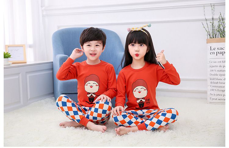 純棉兒童長袖家居服套裝-問號貓貓-橘紅+灰