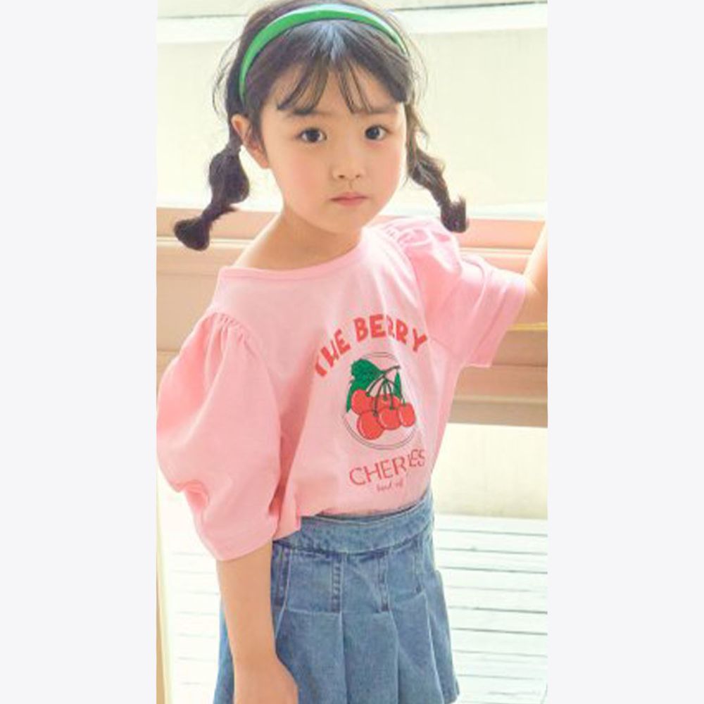 韓國 Hanab - 一串櫻桃泡泡袖純棉上衣-粉紅