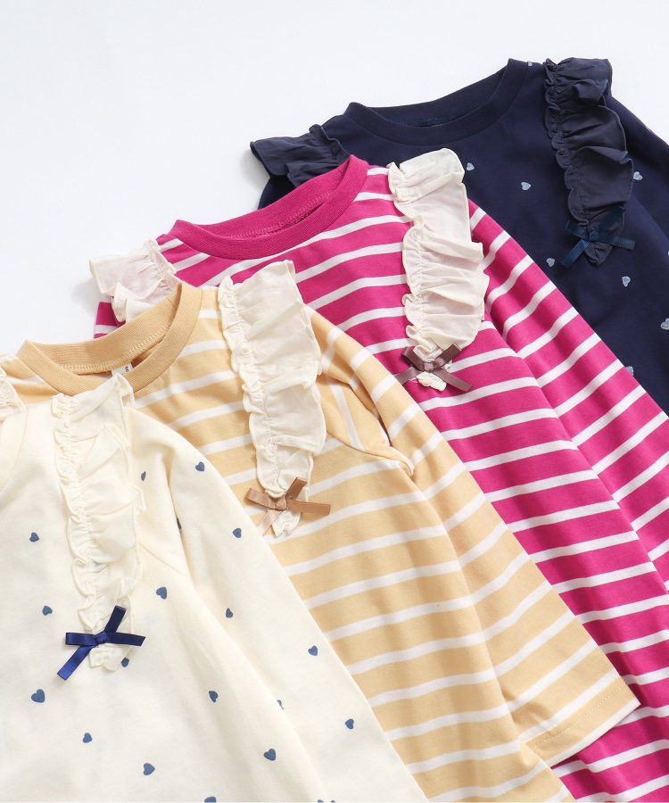 日本 apres les cours - 肩部荷葉印花薄長袖洋裝-愛心-海軍藍