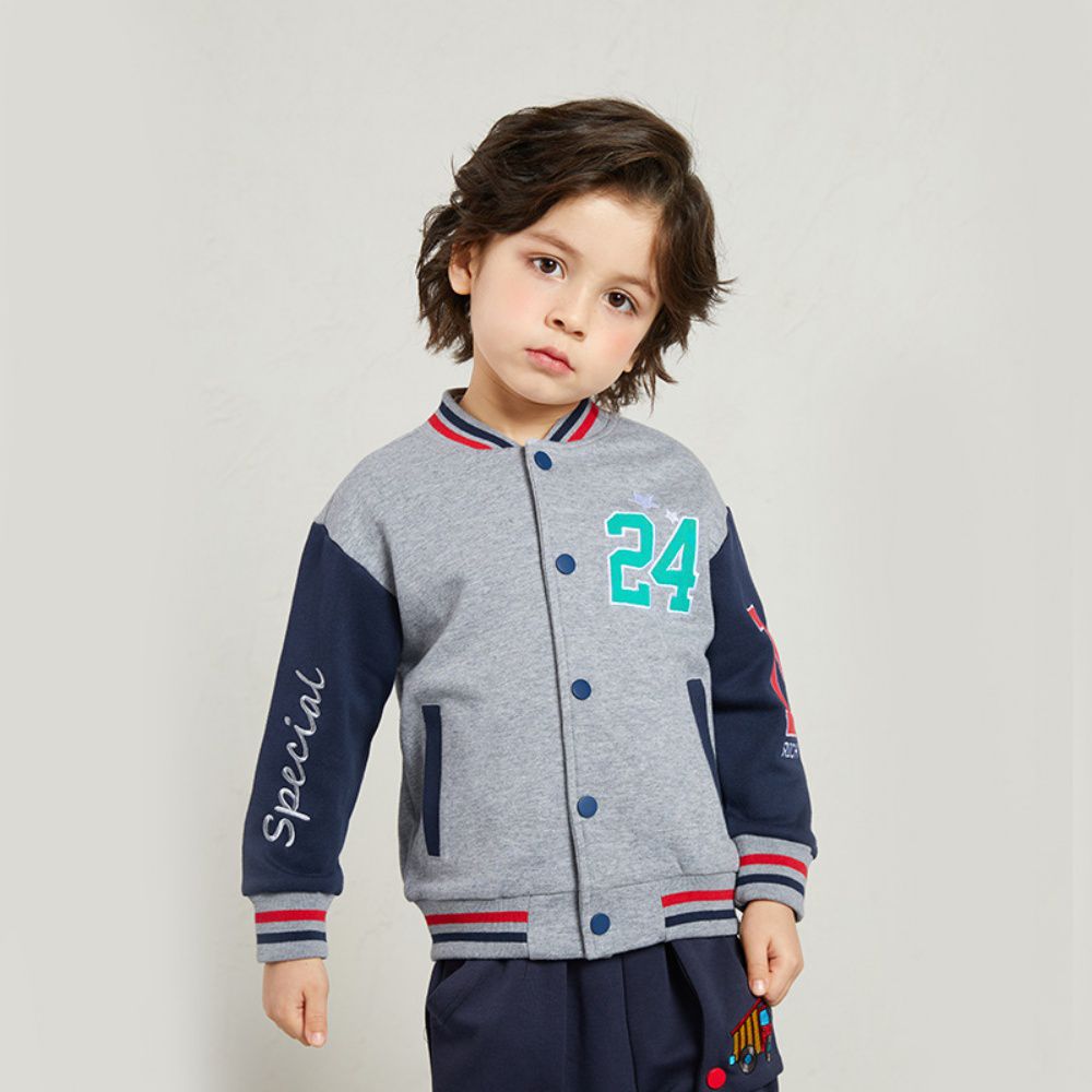 童趣拼色棒球外套-數字24-霧藍+杏