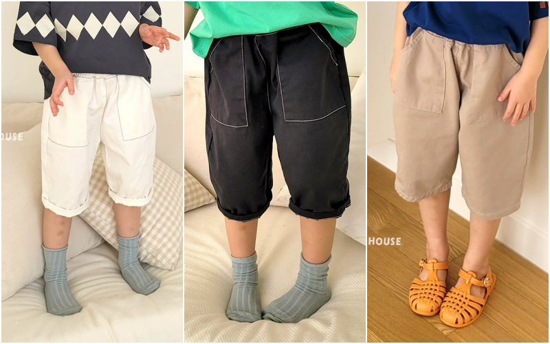 韓國 Peanuts House - 鬆緊腰縫線大口袋棉7分褲-卡其