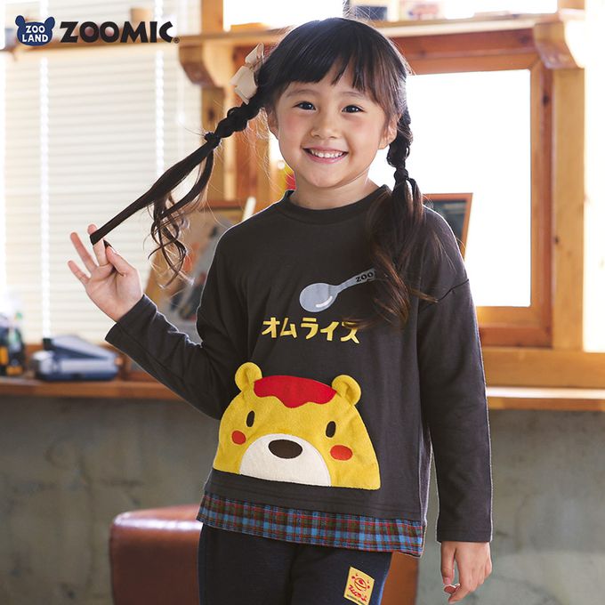 日本 ZOOLAND - 俏皮印花格紋拼接長袖上衣-療癒咖哩飯-酒紅