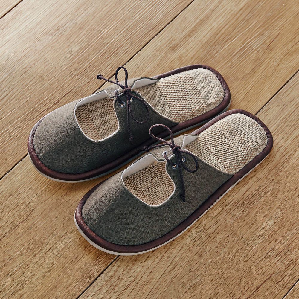 日本千趣會 - 涼鞋造型綁帶棉麻室內拖鞋-炭灰