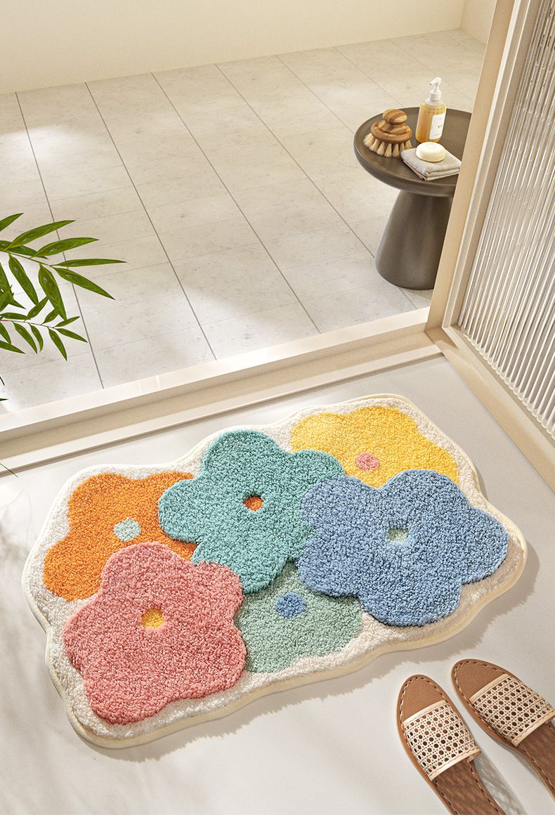 造型快速吸水植絨浴室腳踏墊-繽紛花花-奶白色 (45x70cm)