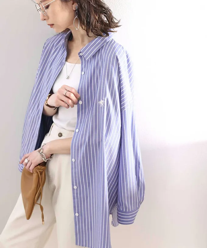 日本 Classical Elf - 胸前刺繡直條紋率性長袖襯衫-藍紫