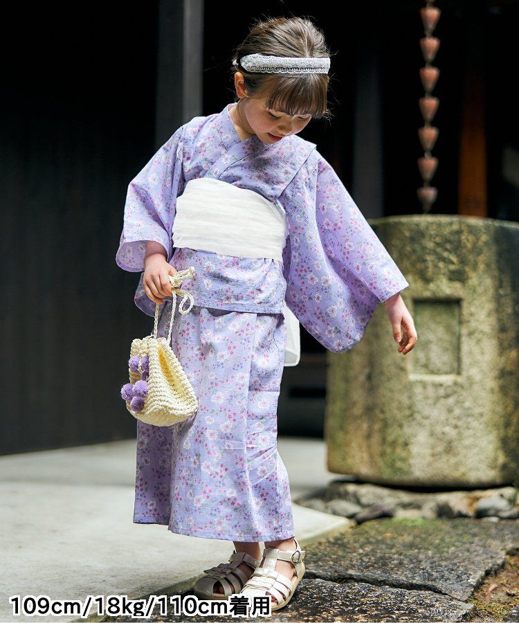 日本 apres les cours - 華麗腰帶風純棉二件式浴衣-椿花-紅藍條紋