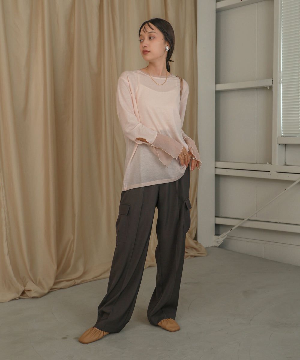 日本 Bab - 楊柳拼接珍珠薄長袖上衣-米杏