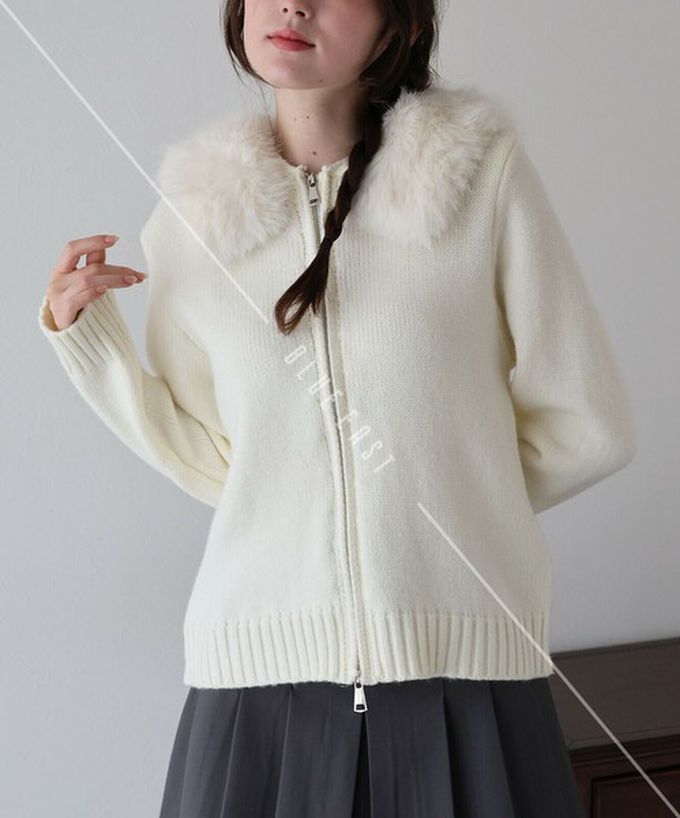 日本 BLUE EAST - 澎澎可愛毛絨帽雙拉鍊針織外套-黑