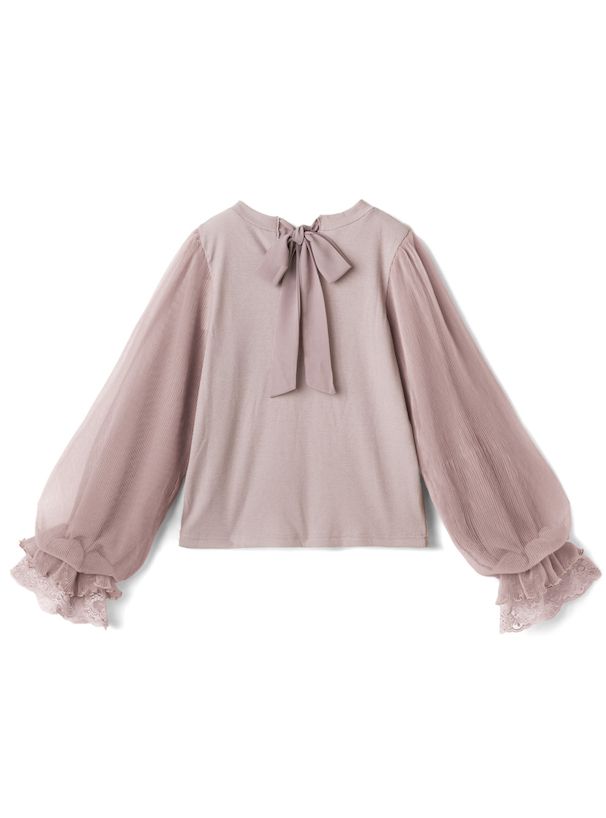 日本 GRL - 甜美薄紗拼接長袖上衣-煙燻粉 (F)