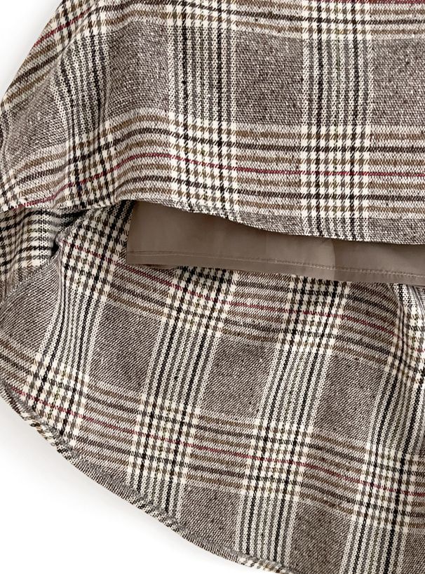 日本 GRL - 後綁帶格紋修身高腰長裙-灰棕