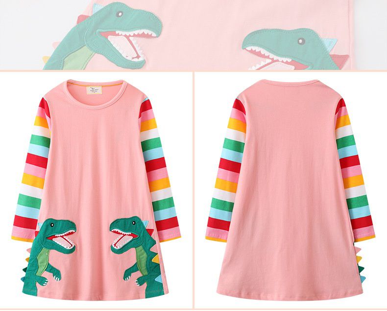 Jumping meters - 棉質圓領長袖連身洋裝-可愛恐龍-粉色