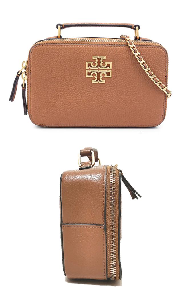 TORY BURCH - 雙T-LOGO素面皮革手提兩用鍊包 (駝)