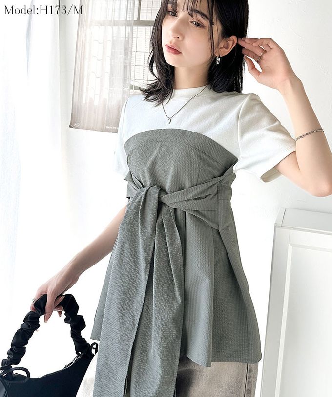 日本 Classical Elf - 時尚顯瘦綁帶拼接風短袖上衣-白x淺灰