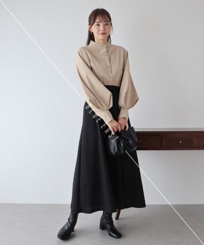 日本 BLUE EAST - 知性小立領澎澎氣球袖襯衫-奶茶