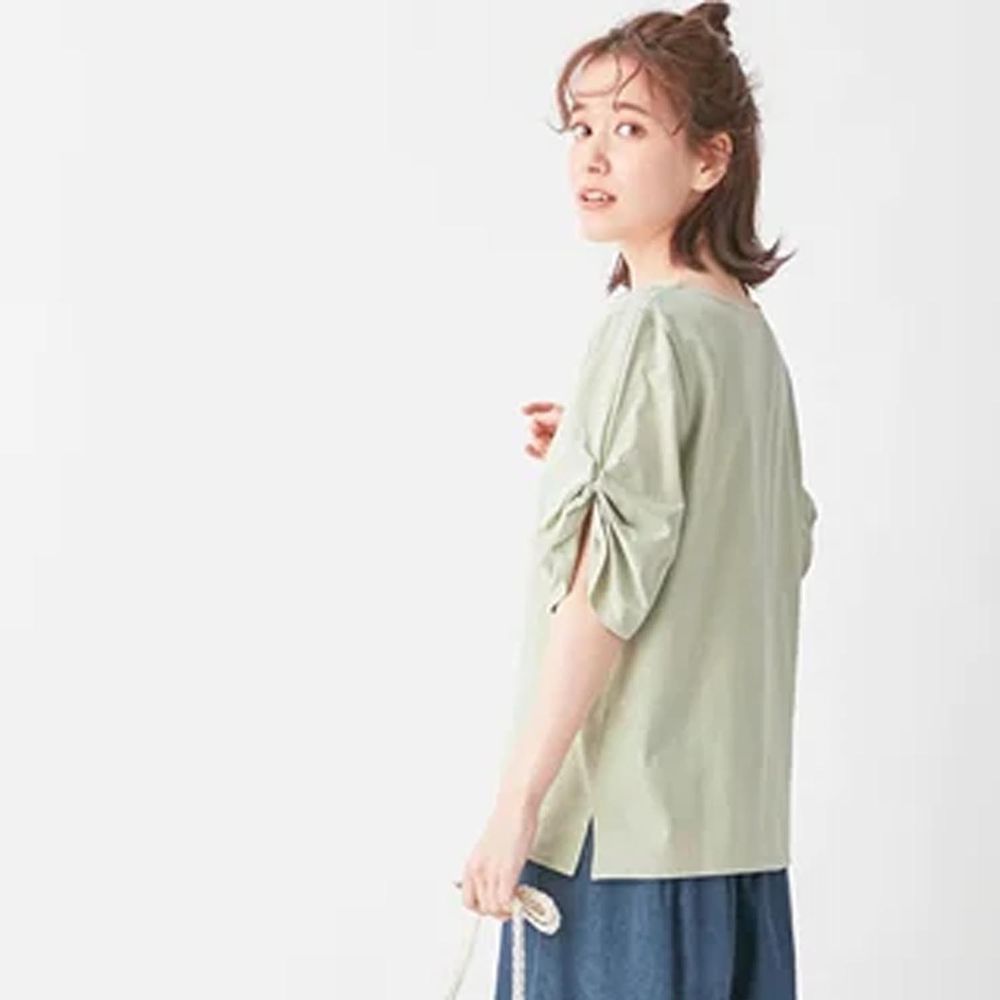 日本 BELLUNA - 純棉舒適抓皺五分袖上衣-薄荷