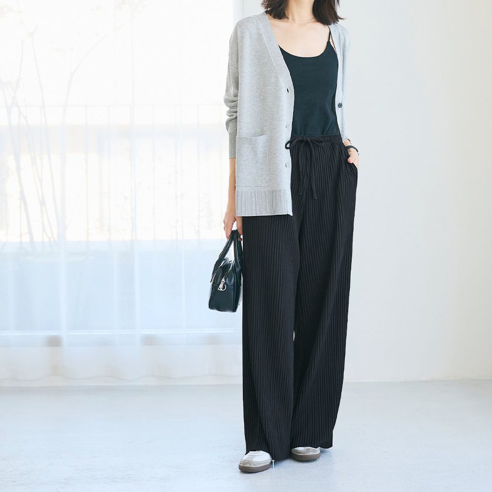 [可剪裁]柔軟羅紋修身長褲(附口袋)-黑