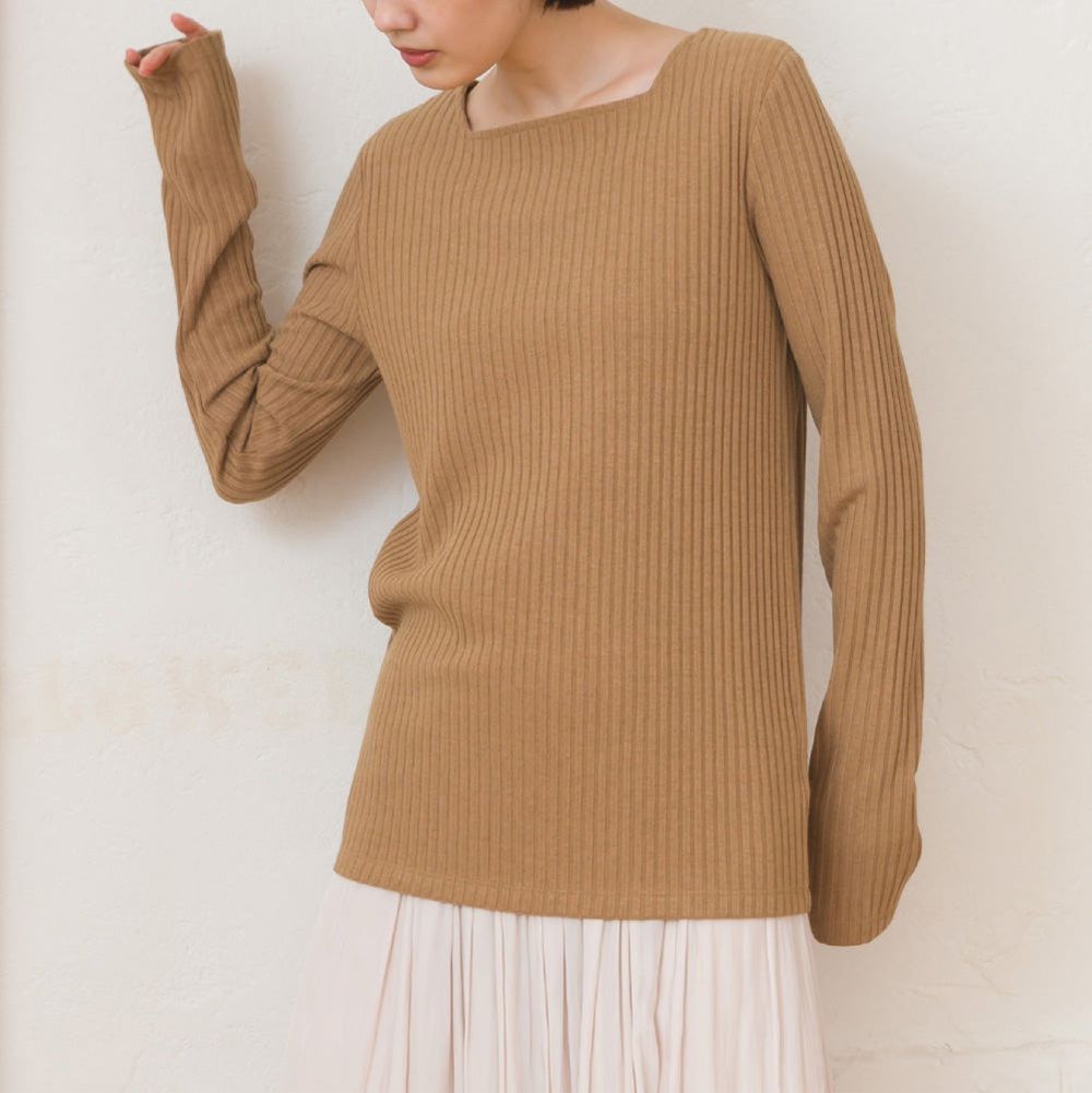 迷人方領混嫘縈羅紋長袖上衣-卡其棕