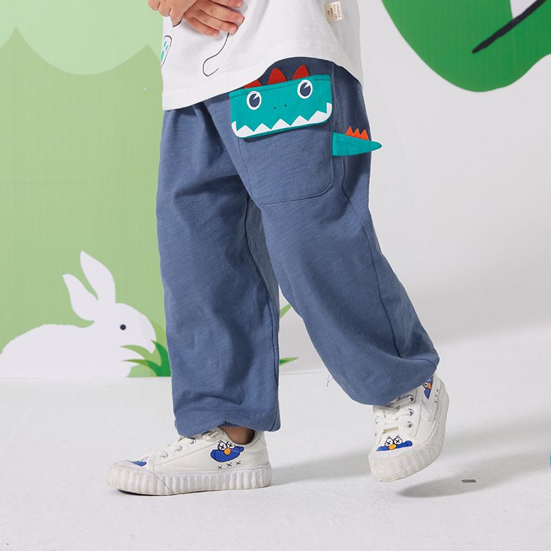 純棉立體圖樣束口長褲/防蚊褲-調皮恐龍-藍灰色