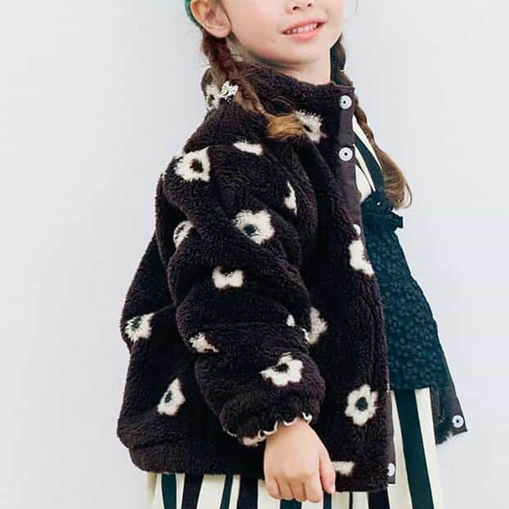 繽紛感印花絨毛保暖外套-花朵-黑