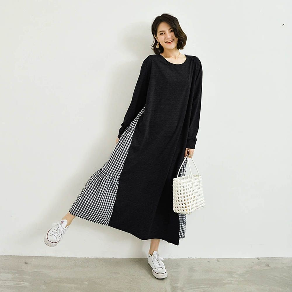 氣質顯瘦A字長袖長洋裝-側拼接格子-黑色