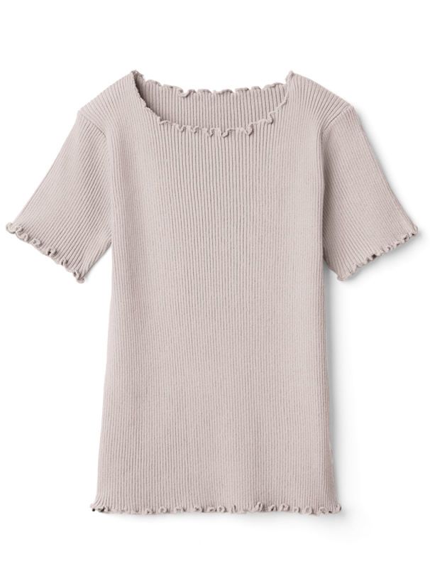 日本 GRL - 圓領木耳捲邊合身短袖上衣-煙燻粉