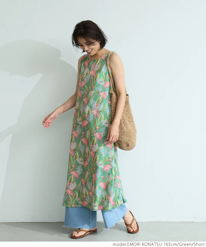 日本 COCA - 熱帶風情印花無袖洋裝-黑