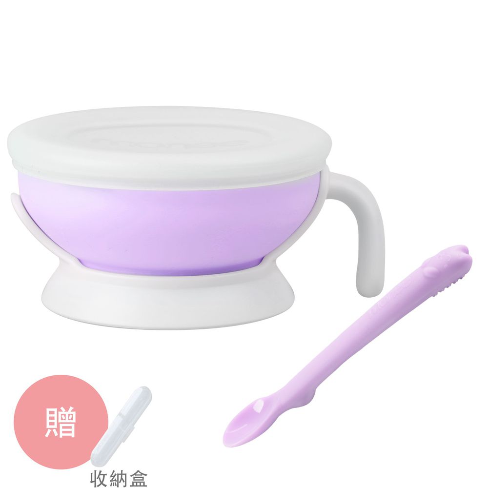韓國 monee - 寶寶白金矽膠碗匙組+加贈送原廠收納盒-薰衣紫-150ml (5.1oz)