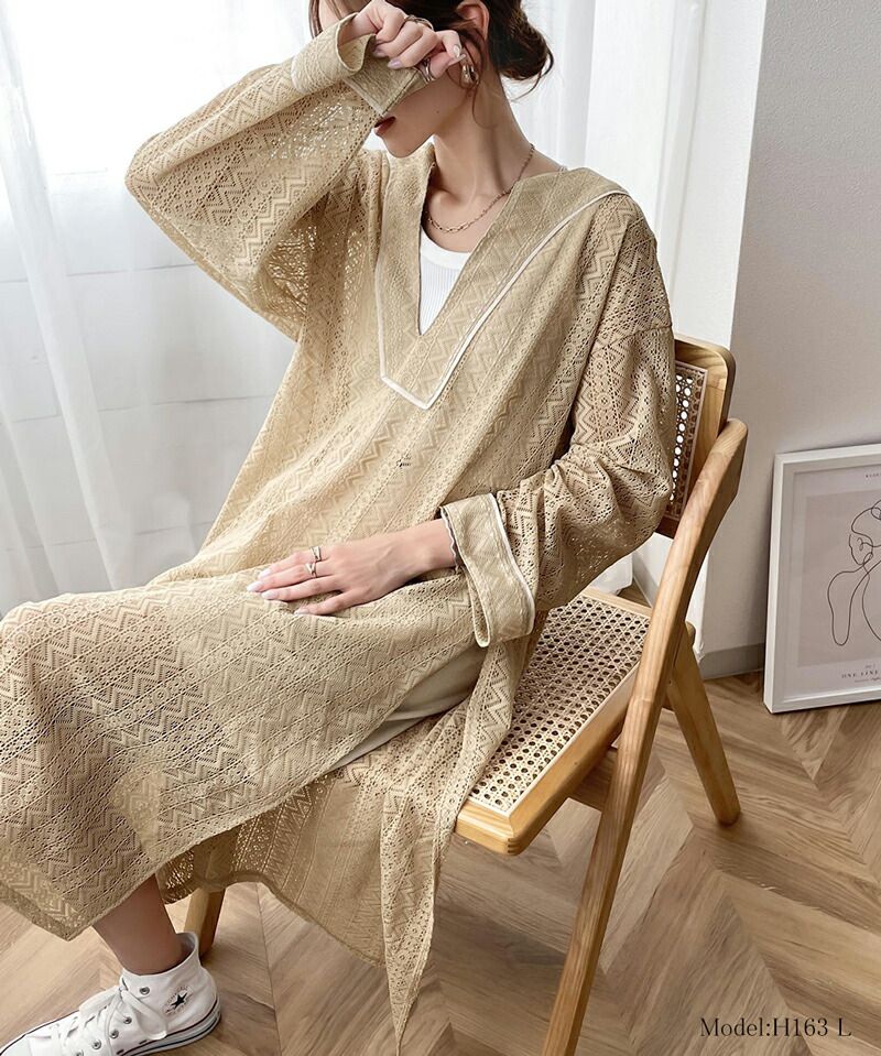 日本 Classical Elf - 早春幾何雕花鉤針長版洋裝-米白