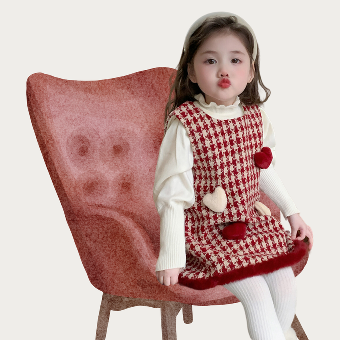 法式小淑女千鳥格毛呢背心洋裝配貝雷帽 女童洋裝 紅色