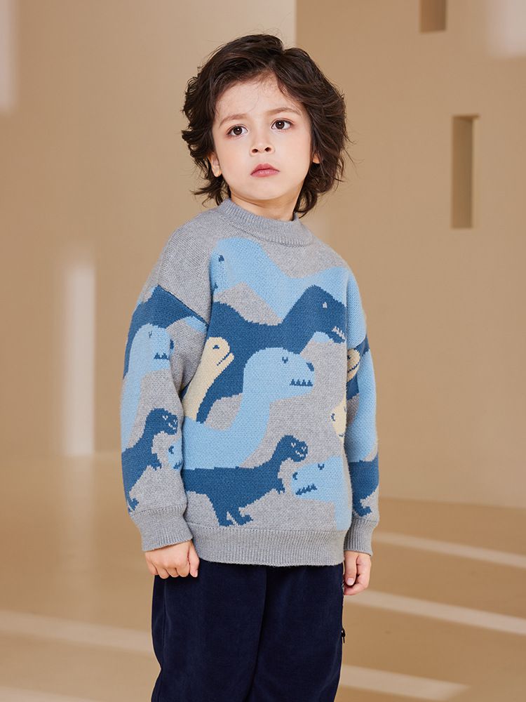 圓領保暖針織長袖上衣/毛衣-恐龍迷彩-綠色