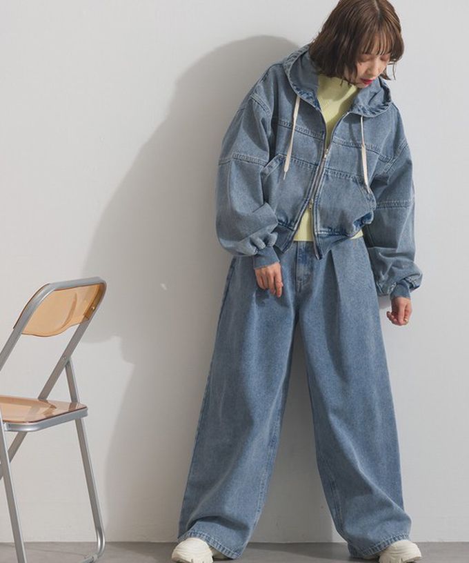 日本 ELENCARE DUE - 10oz 立體摺線後腰鬆緊牛仔褲-刷色藍