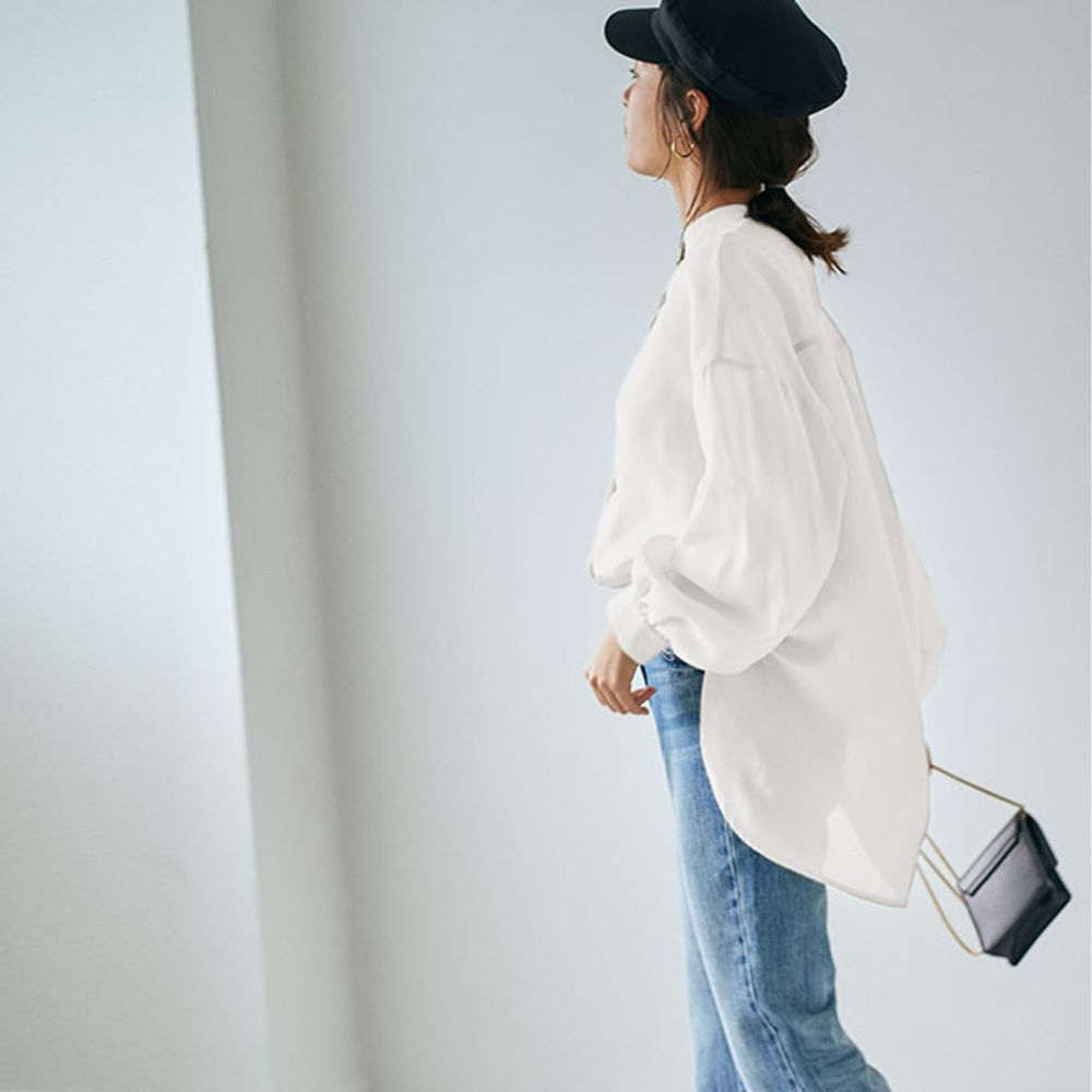日本 GRL - 絲滑薄透感寬版長袖上衣/罩衫/外套-天使白