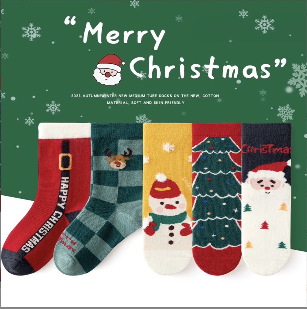 love, charlotte - 聖誕老公公聖誕樹雪人中筒棉襪(腳長11cm起)-5 雙一組