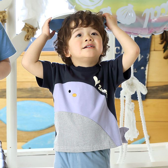 日本 ZOOLAND - 海洋印花短袖上衣-巨大鯨魚-象牙