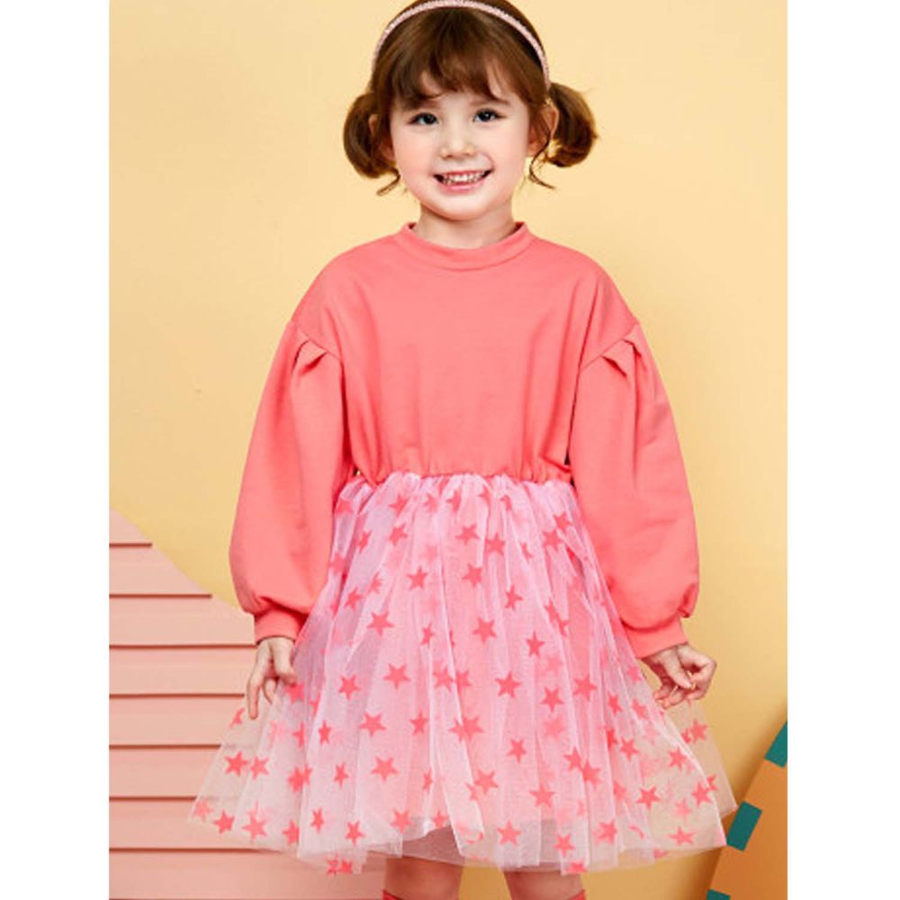 韓國 WALTON kids - 滿佈星星紗裙洋裝-草莓粉