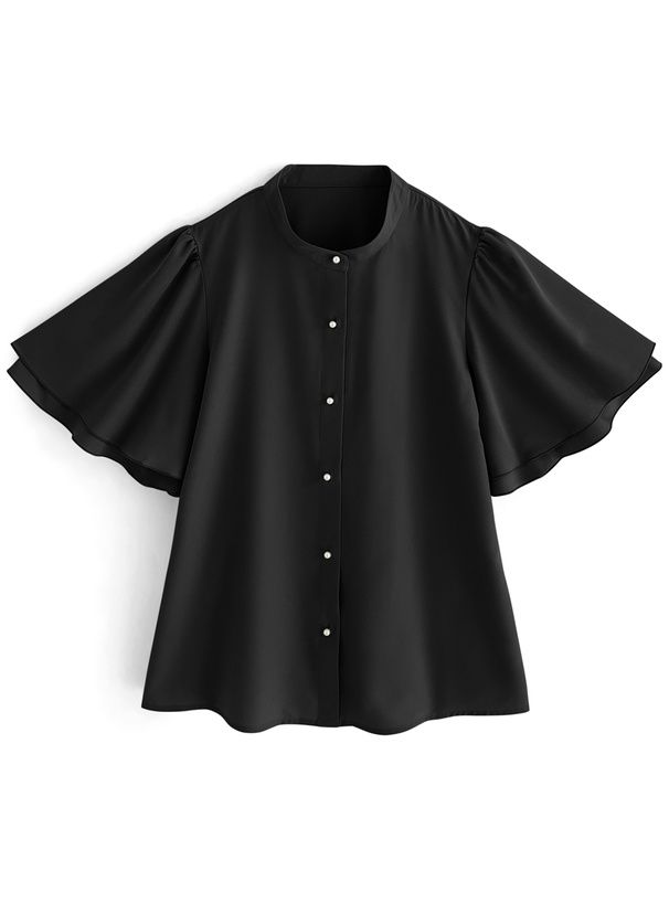 日本 GRL - 簡約立領層次短袖襯衫-藍灰 (F)