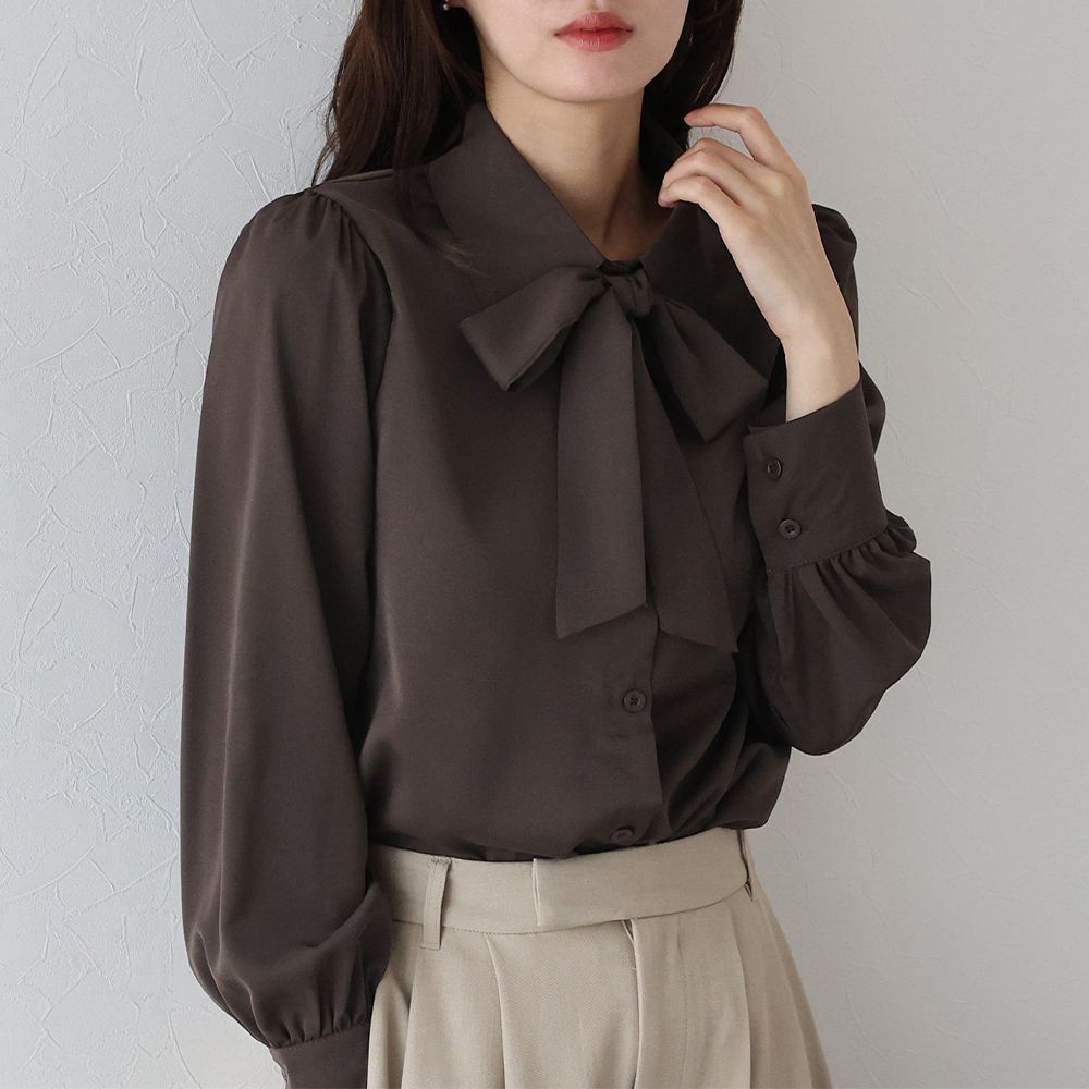 大人氣！優雅扭結雪紡長袖襯衫-線條花卉-深咖啡