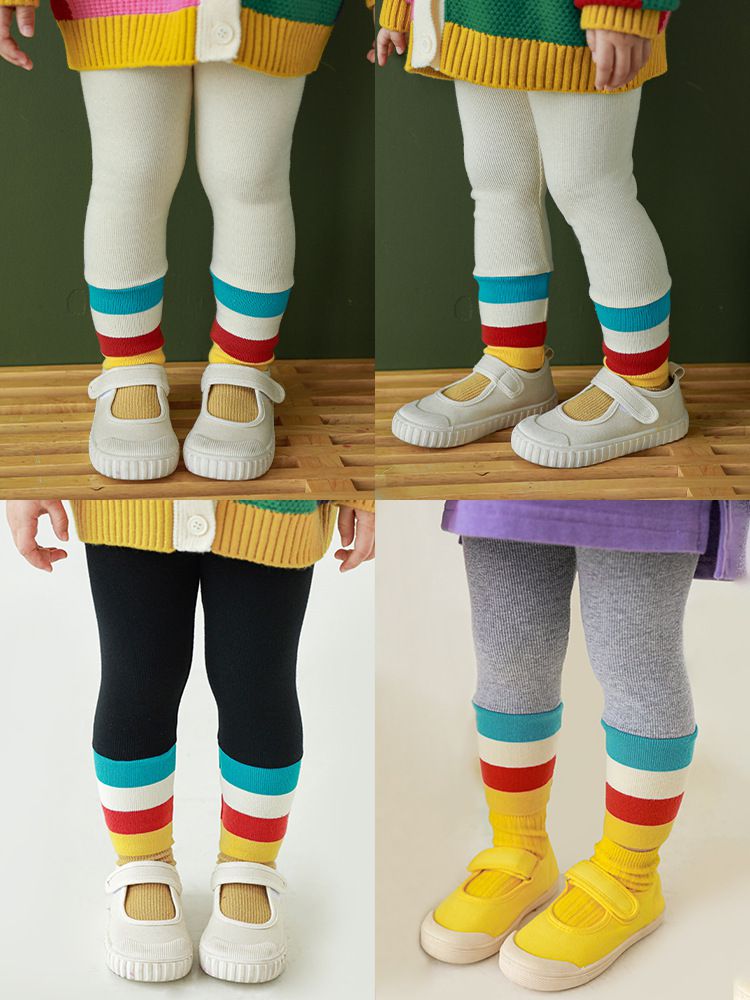 腰鬆緊羅紋束口內搭長褲-繽紛條紋-灰色