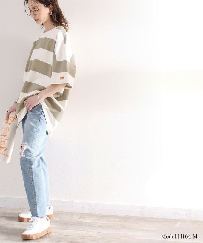 日本 Classical Elf - Java 純棉寬條紋落肩五分袖上衣-咖啡x米杏