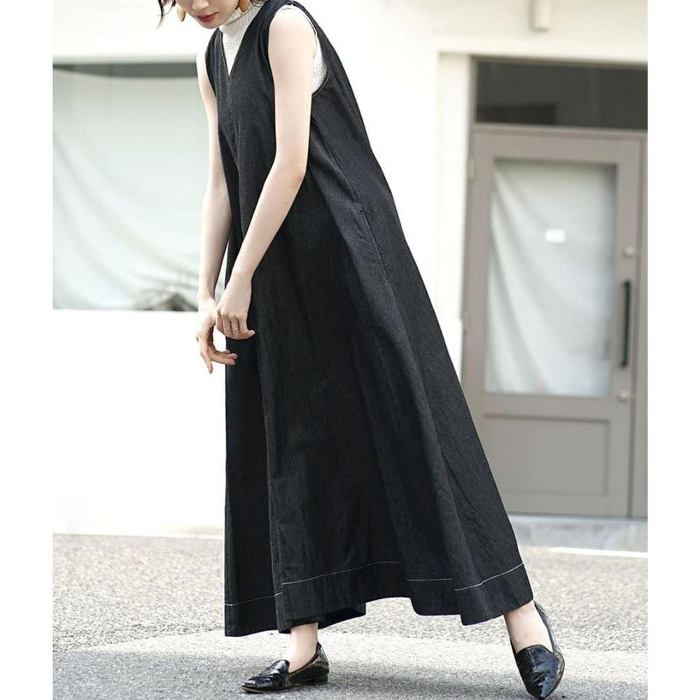 日本 zootie - 透氣丹寧V領無袖洋裝/背心裙-黑