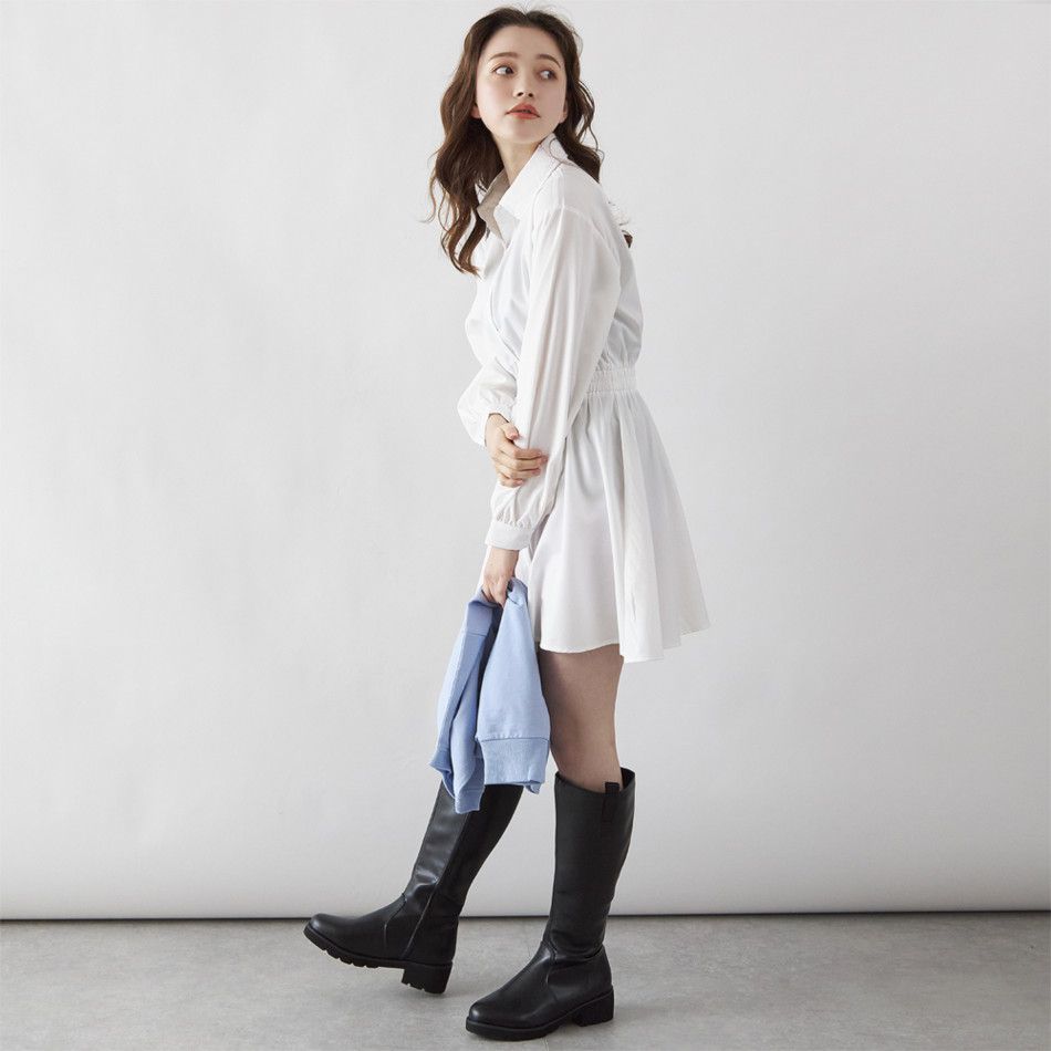 日本 Rejoule - 縮腰設計短版襯衫洋裝-黑 (M(Free size))