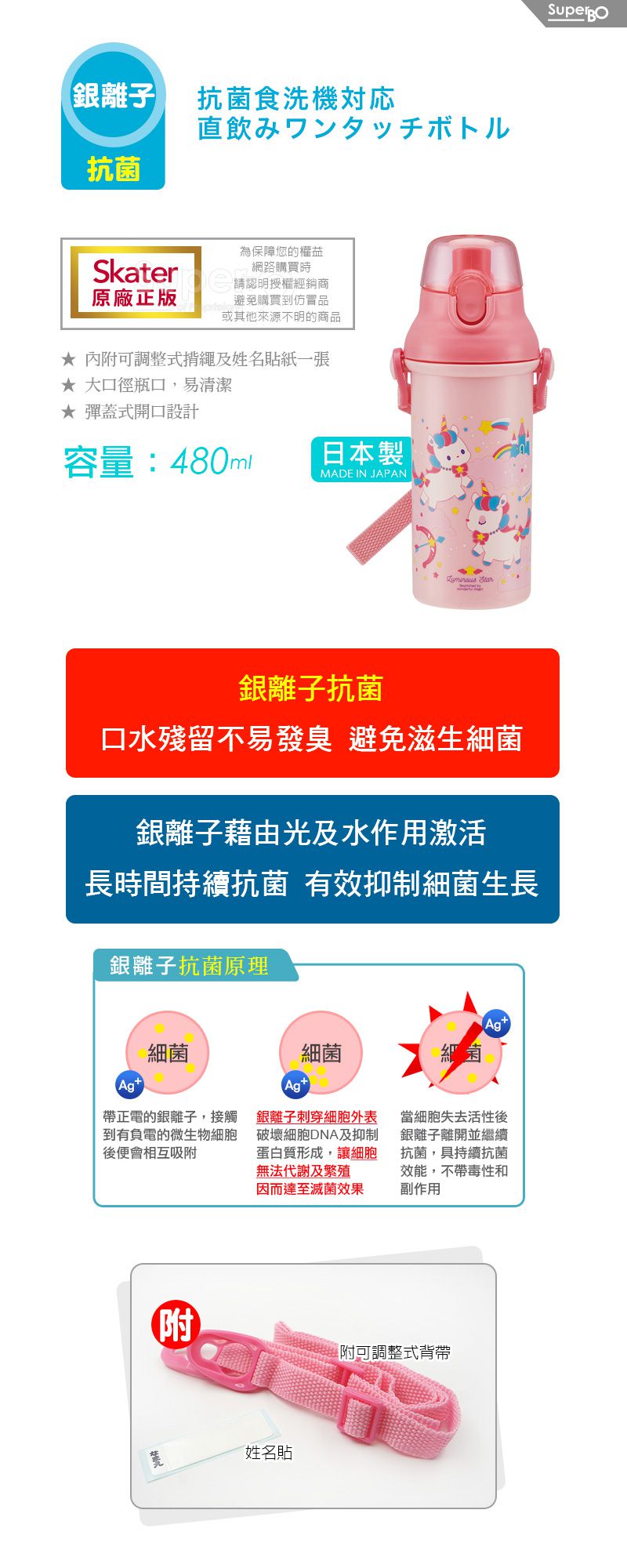 日本 SKATER - 銀離子直飲水壺(480ml)-獨角獸UN