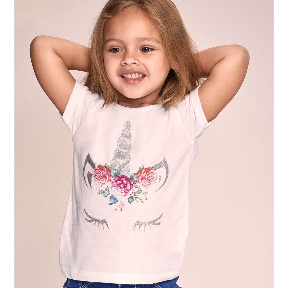 棉質圓領短袖上衣-花卉獨角獸-粉色