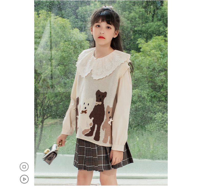 兩件式木耳大翻領長袖襯衫-襯衫+針織背心-米色