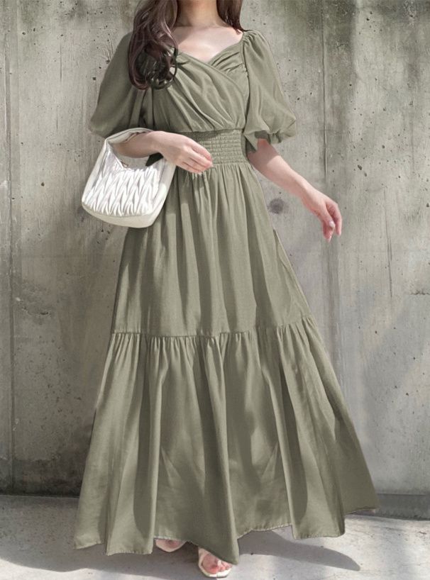 日本 GRL - 浪漫圓舞曲泡泡袖雪紡洋裝-高原綠